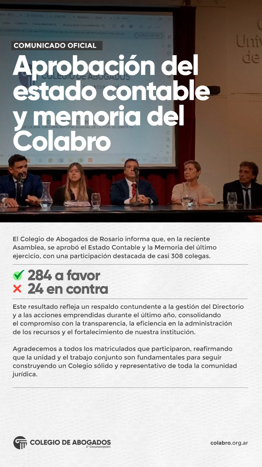 Comunicado oficial: Aprobación del estado contable y memoria del Colegio de Abogados